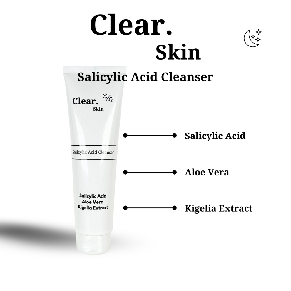 Clear. Skin Salicylic Acid Cleanser with actives infographic – Salicylic Acid, Aloe Vera, Kigelia Extract